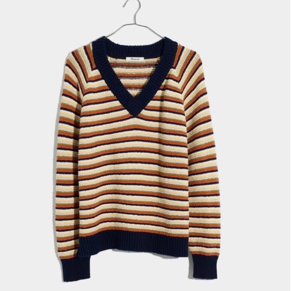 NWT Madewell Arden Striped V-Neck Pullover Sweater - Picture 2 of 6